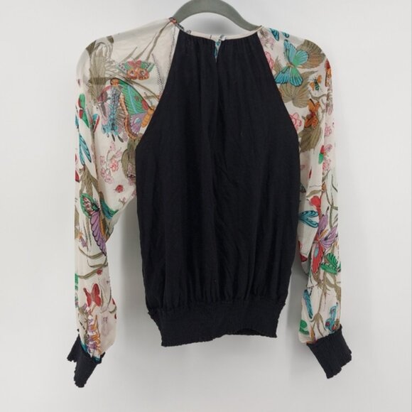 Anthropologie black blouse with sheer sleeves in a butterfly dragonfly print - Picture 8 of 8